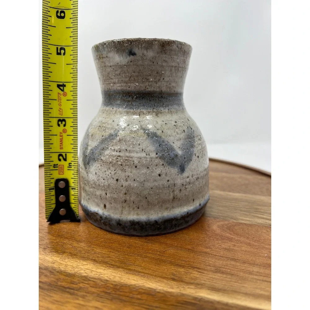 Handmade Ceramic Vase Rustic Beige Blue Zigzag Pattern‎ Small Bud Vase